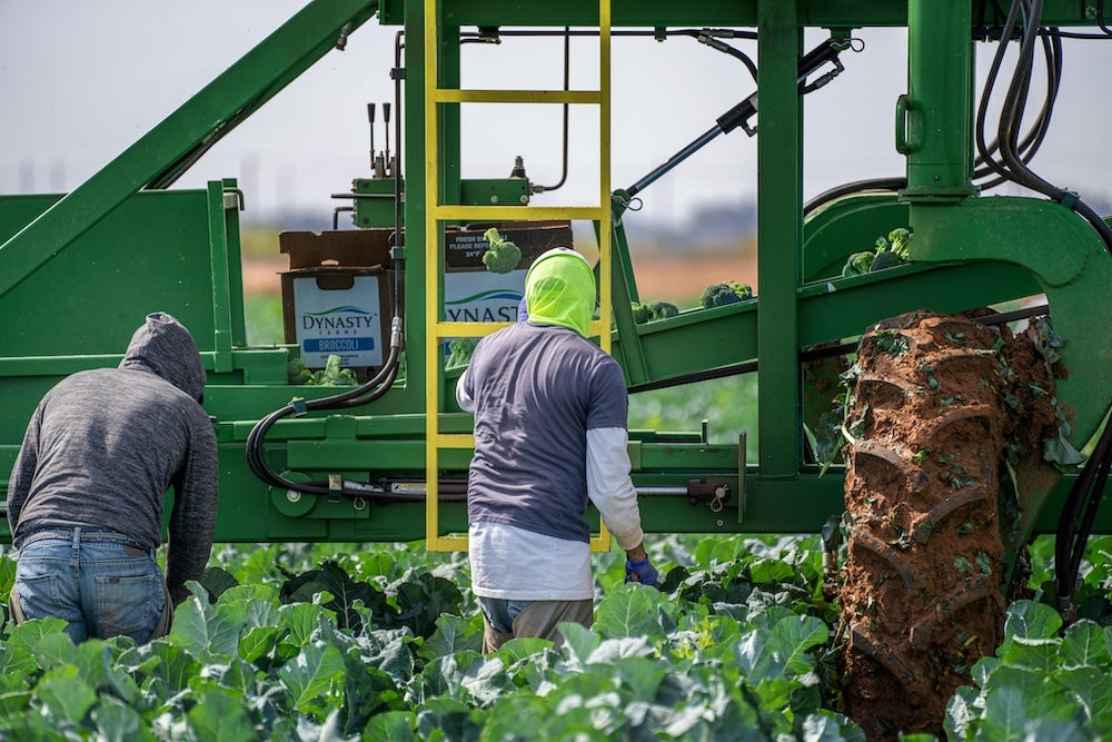 Two people working with farm equipment. 