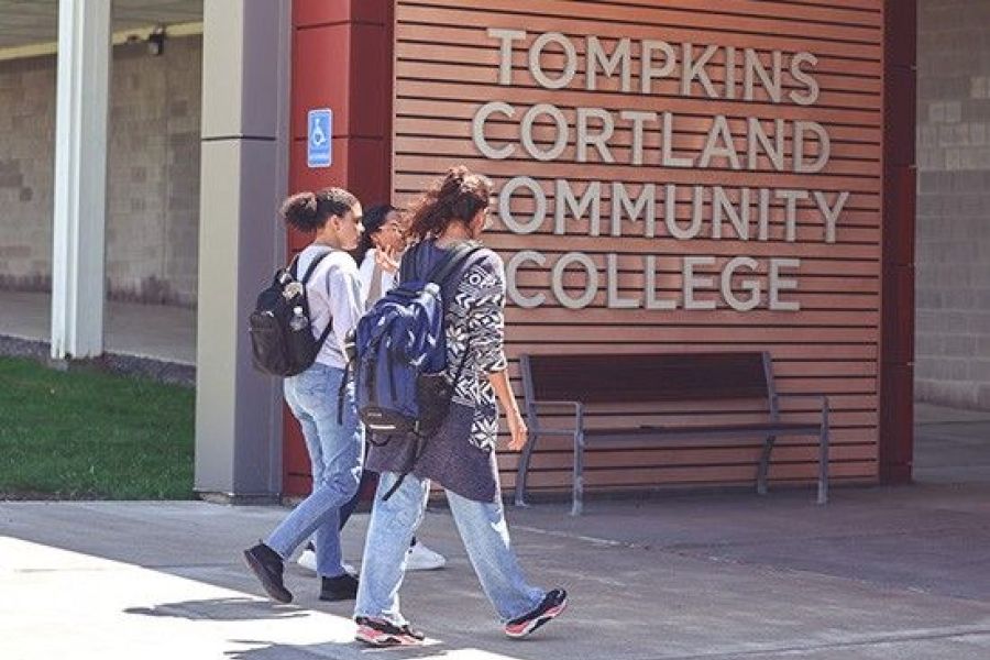 Students entering campus building