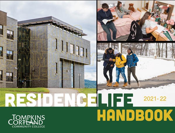 cover of the 2021-22 Residence Life Handbook; buildings and students