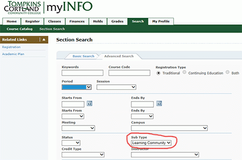 Screenshot from MyInfo how to search by subtype